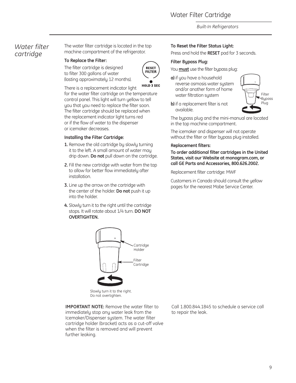 Water filter cartridge | GE ZIS480NX User Manual | Page 9 / 32