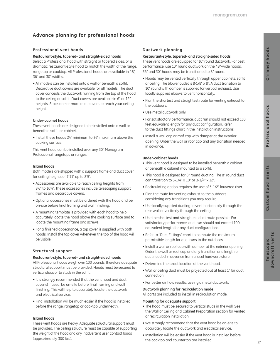 Advance planning for professional hoods | GE ZV36SSFSS User Manual | Page 2 / 9