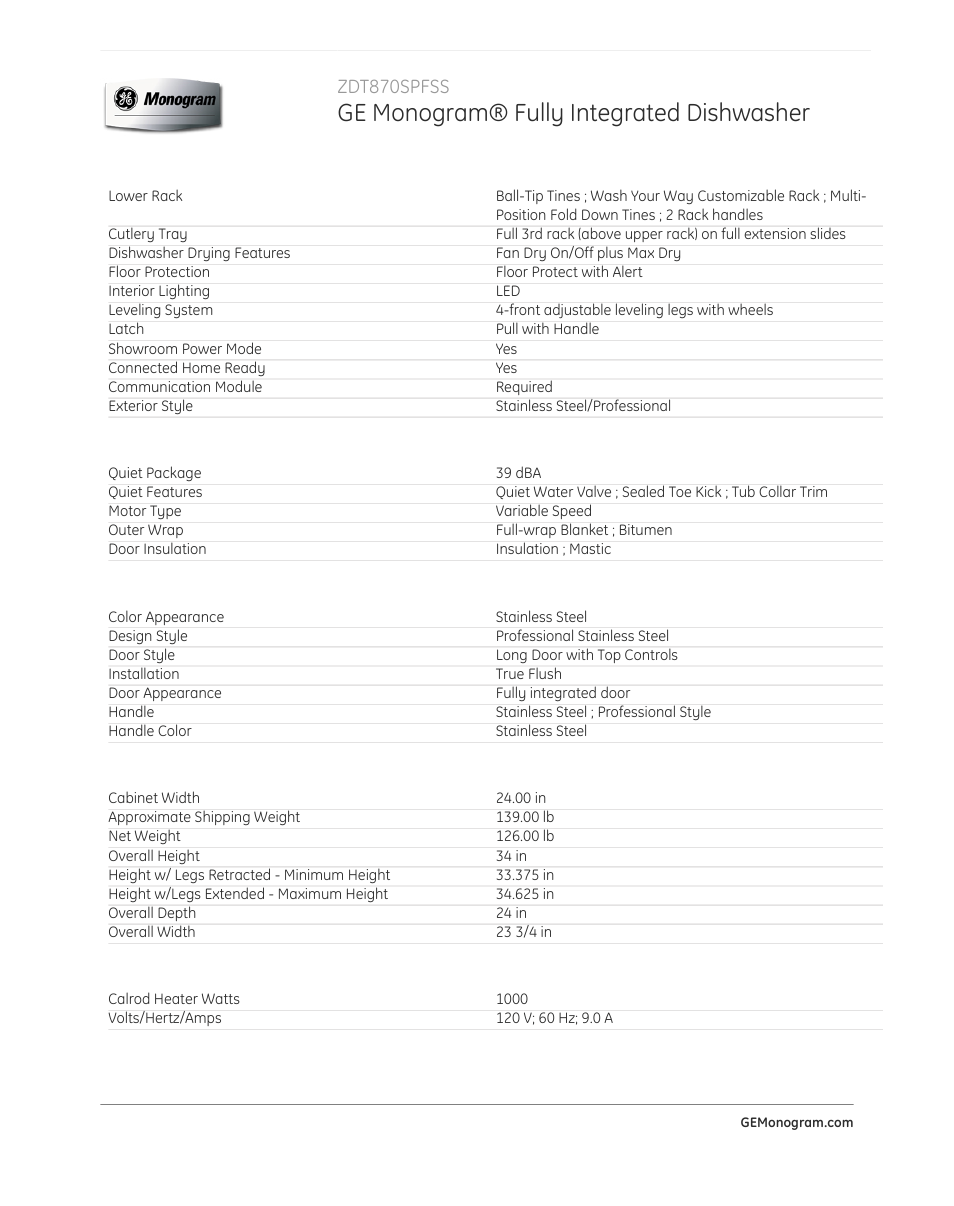 Ge monogram® fully integrated dishwasher, Zdt870spfss | GE ZDT870SPFSS User Manual | Page 4 / 5