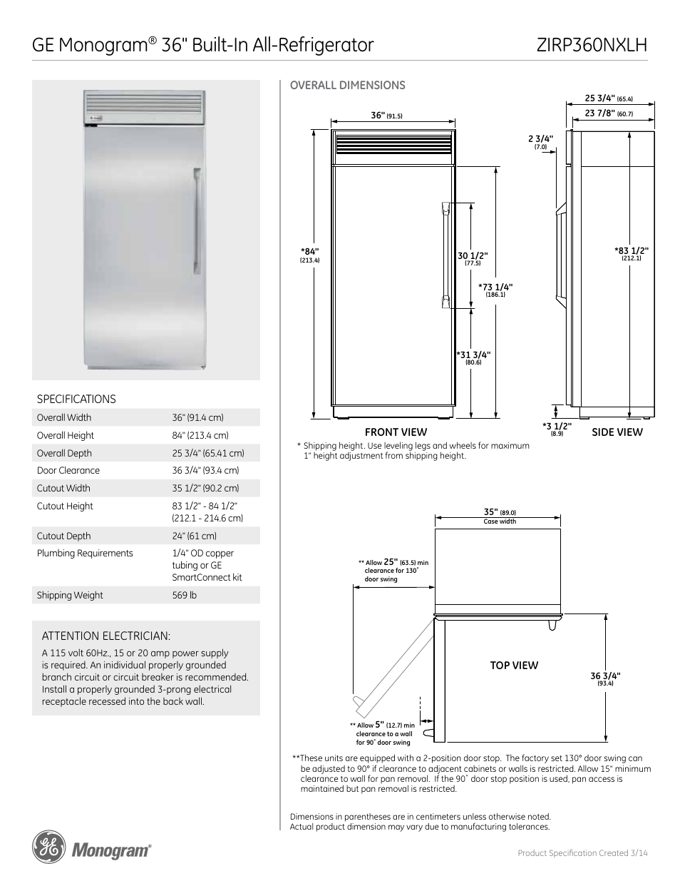 GE ZIRP360NXLH User Manual | 5 pages