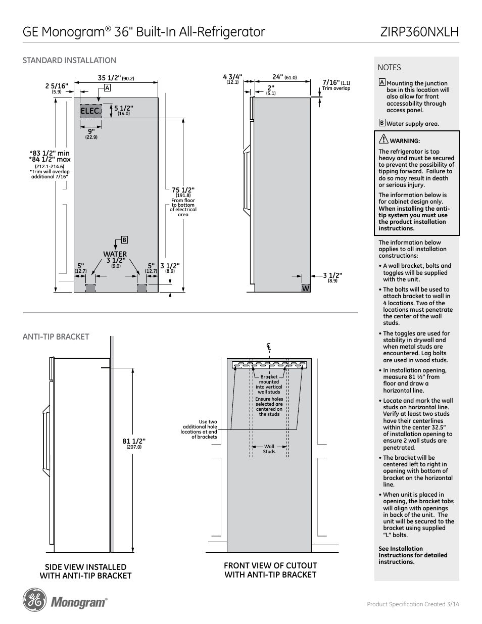 Ge monogram, Zirp360nxlh, Standard installation anti-tip bracket | Elec, Side view, Front view, Side view installed with anti-tip bracket, Front view of cutout with anti-tip bracket | GE ZIRP360NXLH User Manual | Page 2 / 5