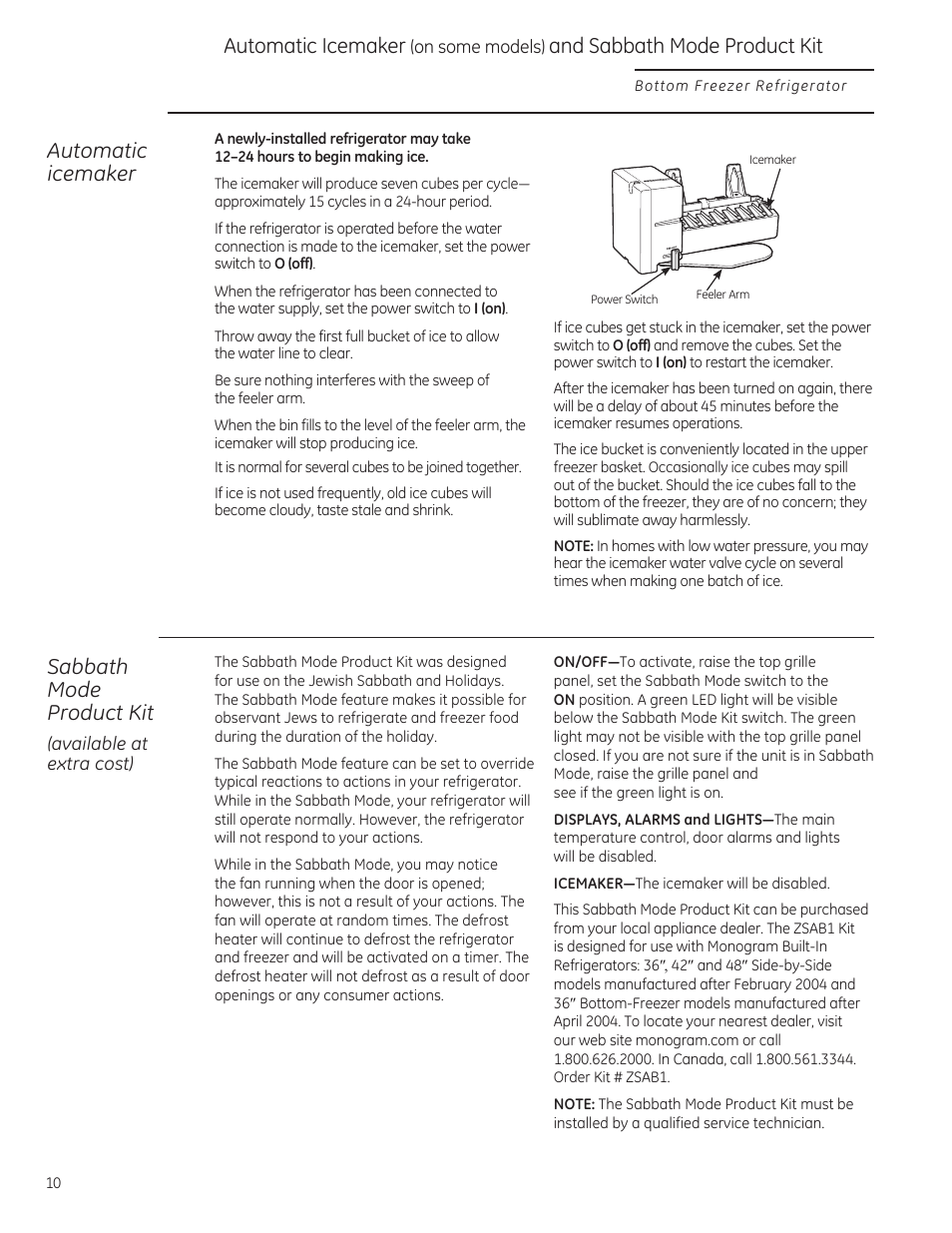 Automatic icemaker, Sabbath mode product kit, And sabbath mode product kit | GE ZICP360NXLH User Manual | Page 10 / 20