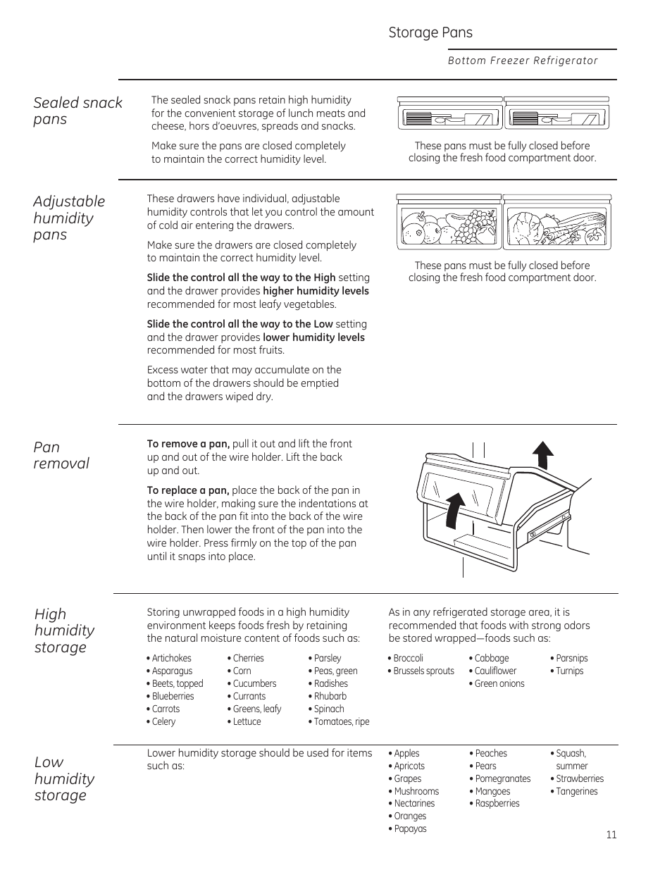 Sealed snack pans, Pan removal, Adjustable humidity pans | Storage pans, High humidity storage, Low humidity storage | GE ZICP360NXLH User Manual | Page 11 / 20