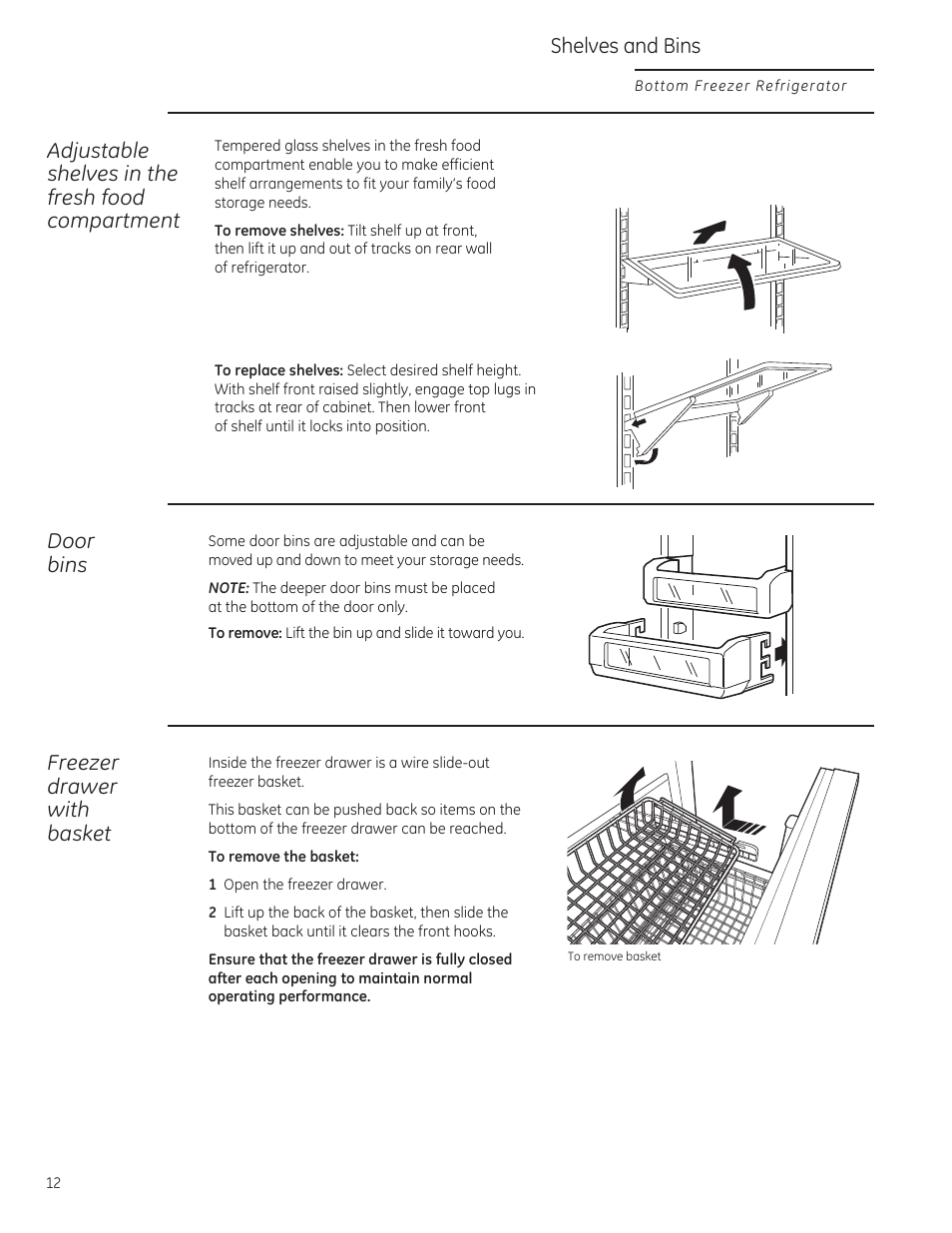 Adjustable shelves in the fresh food compartment, Door bins, Freezer drawer with basket | Shelves and bins | GE ZICP360NXLH User Manual | Page 12 / 20