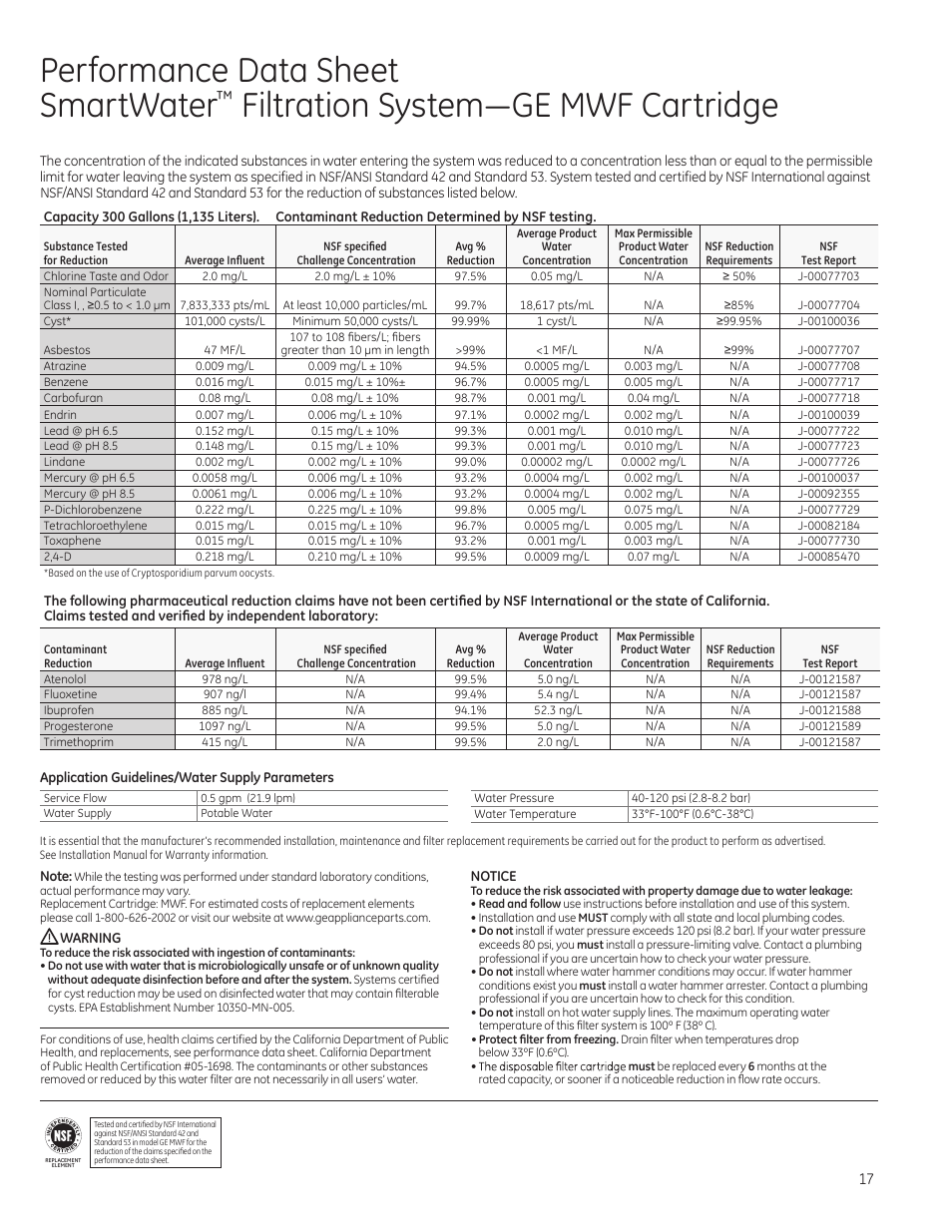 Performance data sheet smartwater, Filtration system³ge mwf cartridge | GE ZICP360NXLH User Manual | Page 17 / 20
