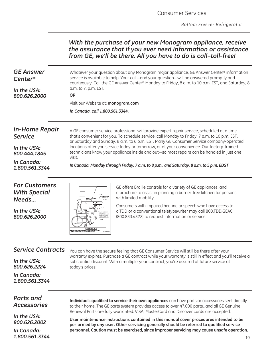 In-home repair service, Service contracts, Parts and accessories | For customers with special needs, Consumer services | GE ZICP360NXLH User Manual | Page 19 / 20