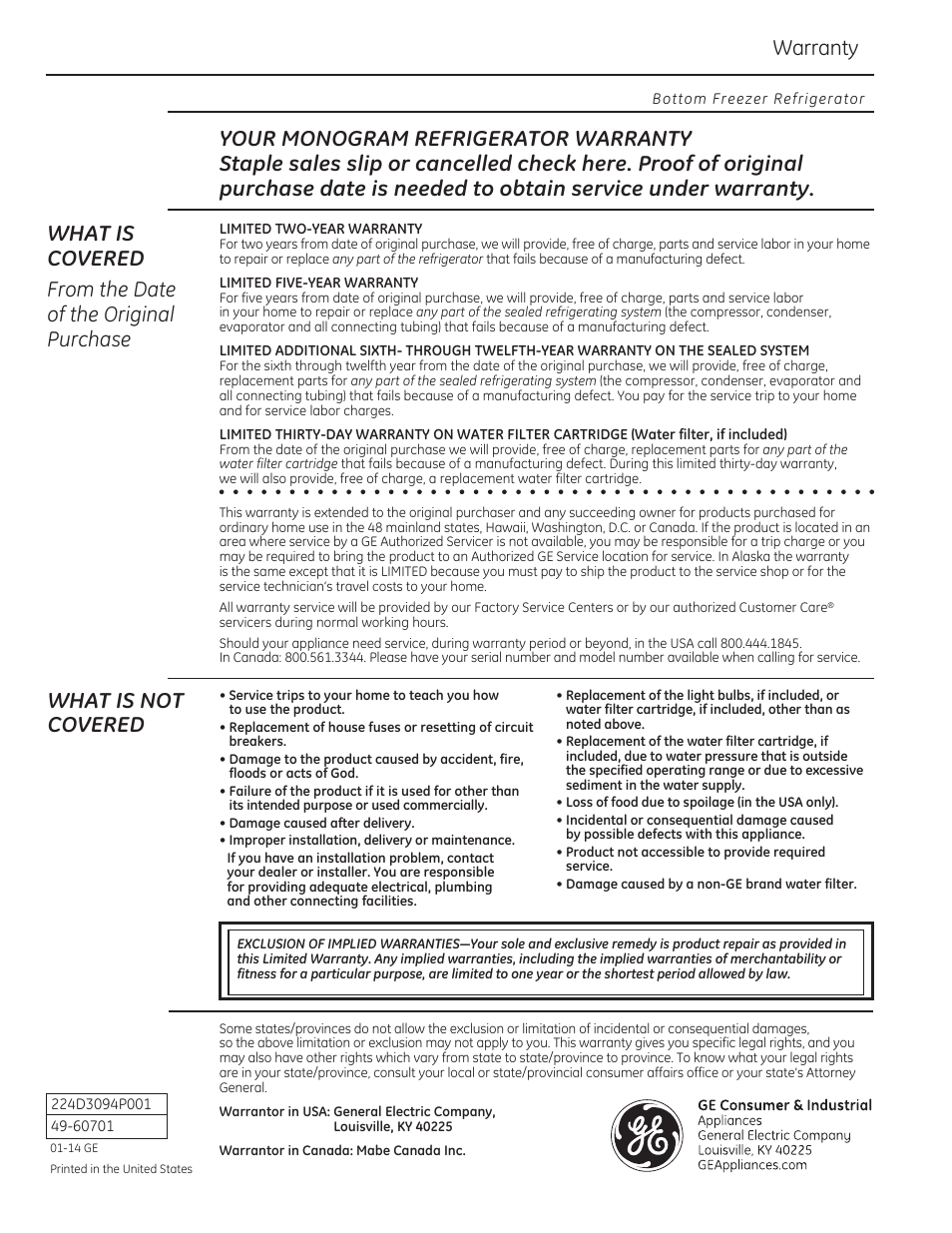 Warranty, What is not covered | GE ZICP360NXLH User Manual | Page 20 / 20