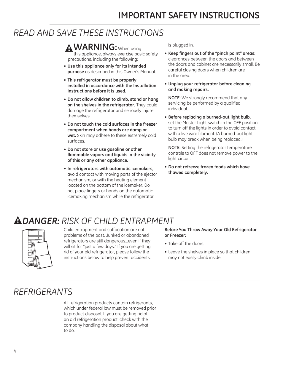 Read and save these instructions warning, Danger: risk of child entrapment, Refrigerants | Important safety instructions | GE ZICP360NXLH User Manual | Page 4 / 20