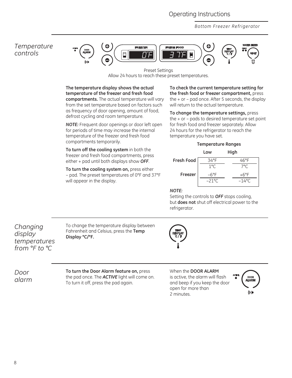 Temperature controls, Changing display temperatures from °f to °c, Door alarm | 2shudwlqj,qvwuxfwlrqv | GE ZICP360NXLH User Manual | Page 8 / 20