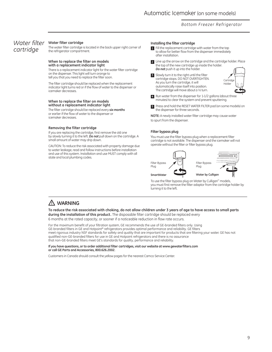 Water filter cartridge, Automatic icemaker, On some models) | Warning | GE ZICP360NXLH User Manual | Page 9 / 20