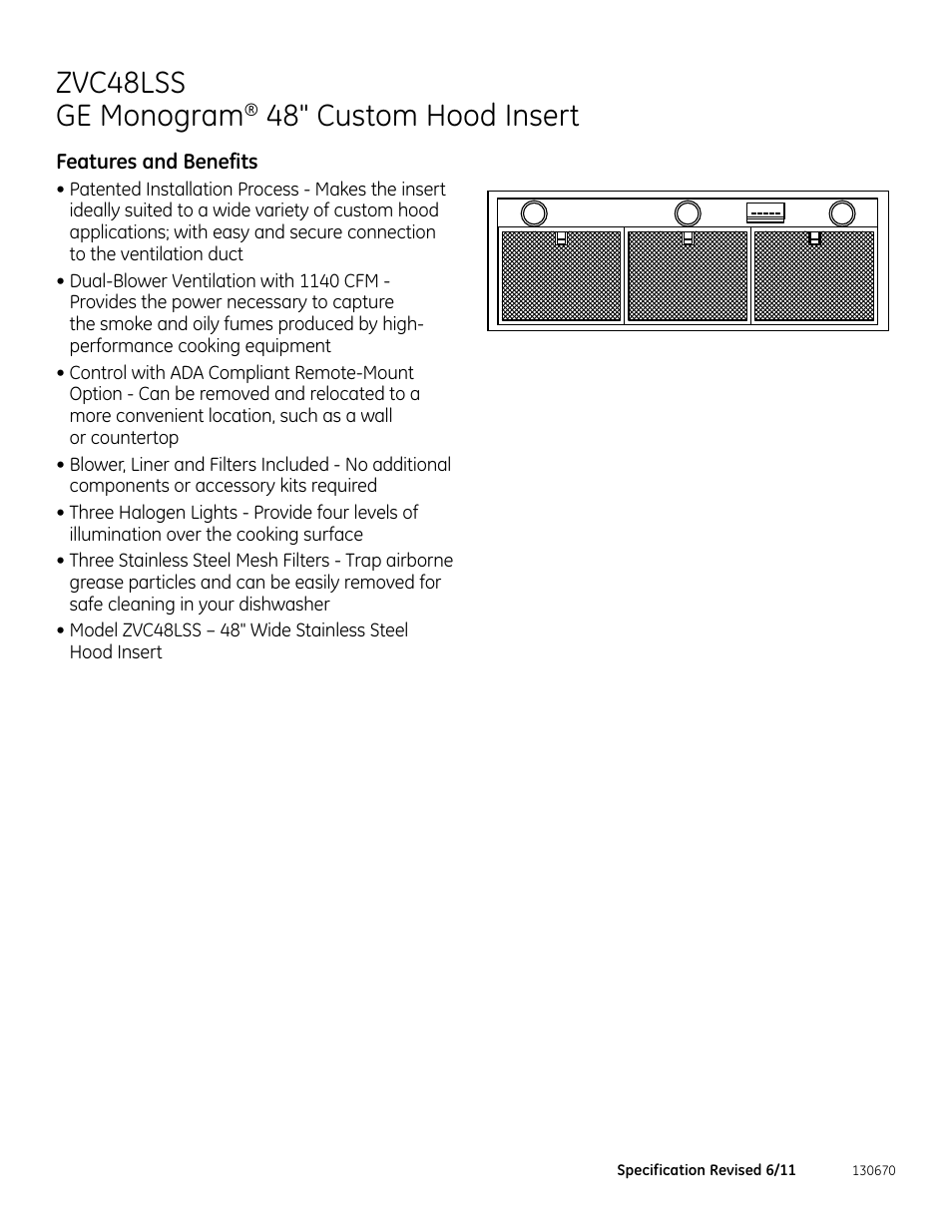 Zvc48lss ge monogram, 48" custom hood insert, Zvc48 | GE ZVC48LSS User Manual | Page 2 / 2