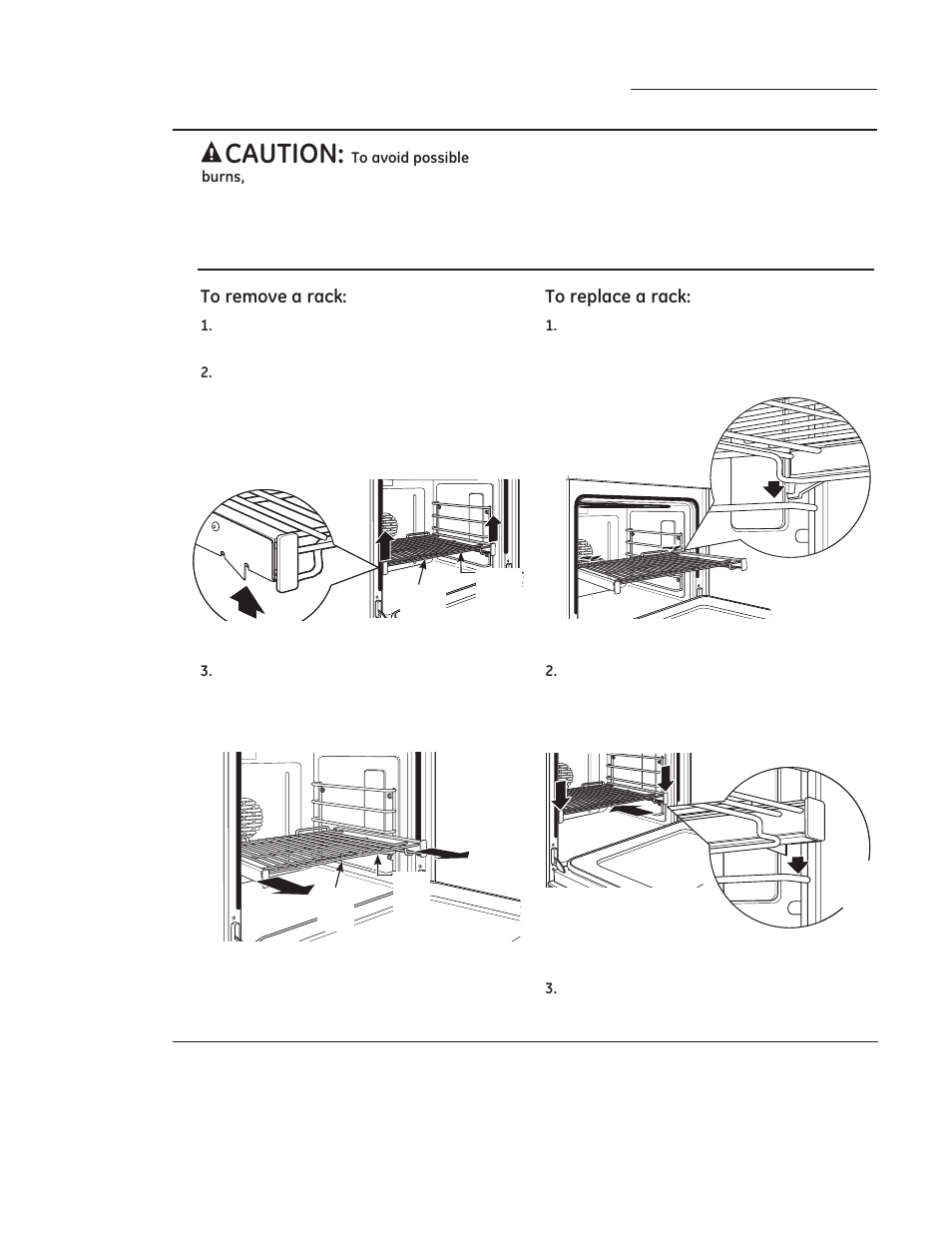 Oven racks, Full extension oven racks low profile oven rack, Remove and replace oven racks | GE ZGP304LRSS User Manual | Page 18 / 128
