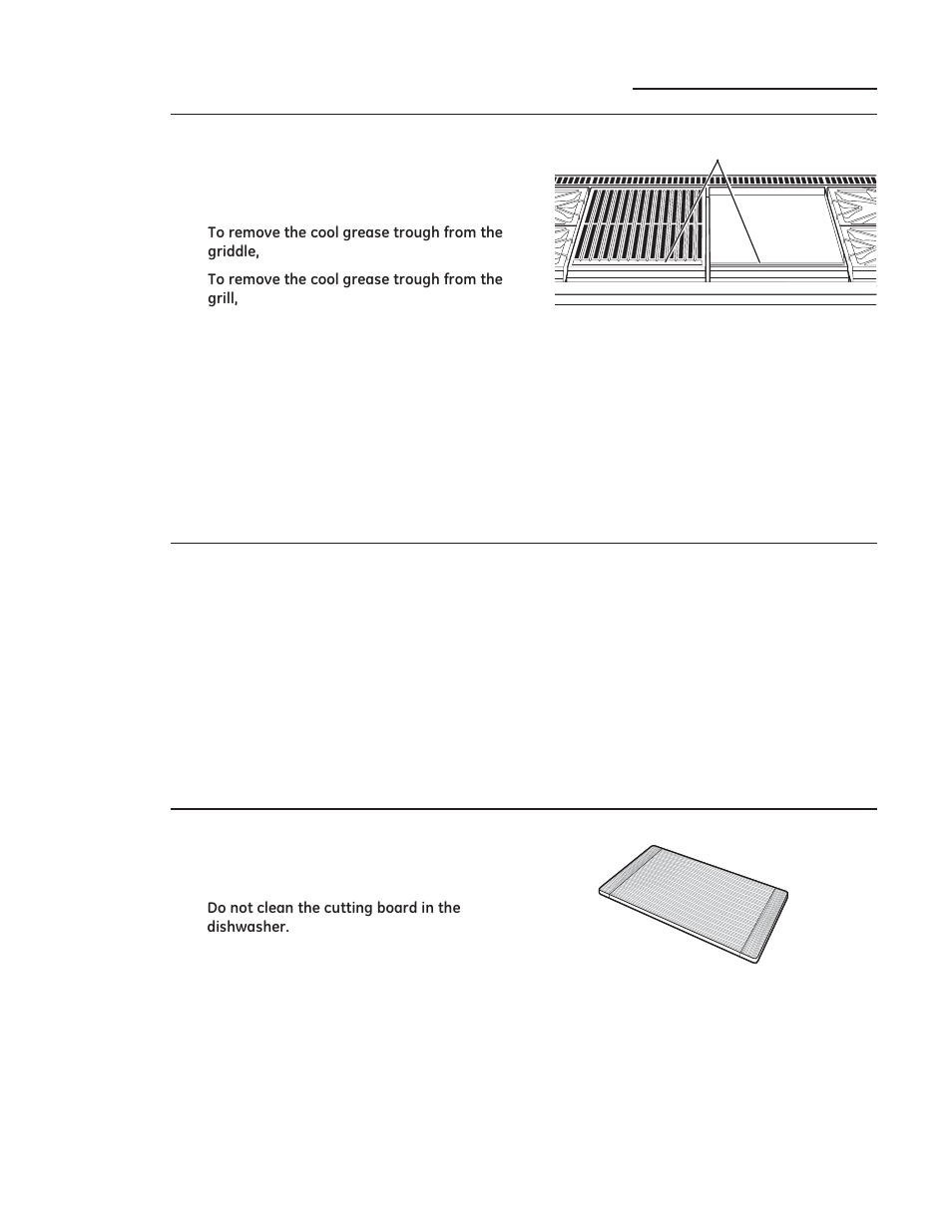 Grease troughs, Care and cleaning, Griddle | Cutting board | GE ZGP304LRSS User Manual | Page 36 / 128