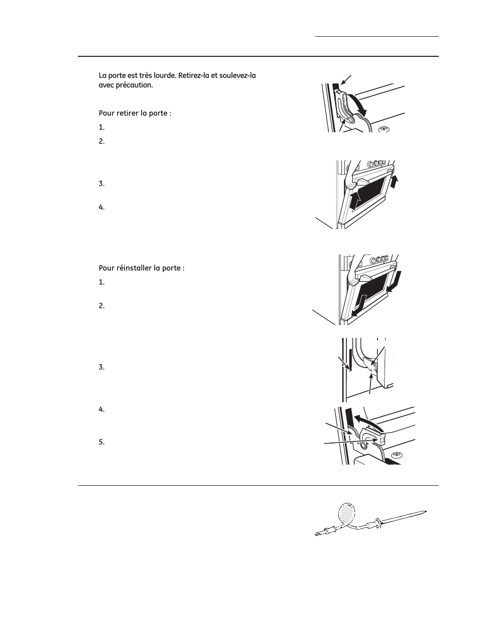 Entretien et nettoyage, Soulever la porte du four, Sonde | GE ZGP304LRSS User Manual | Page 74 / 128