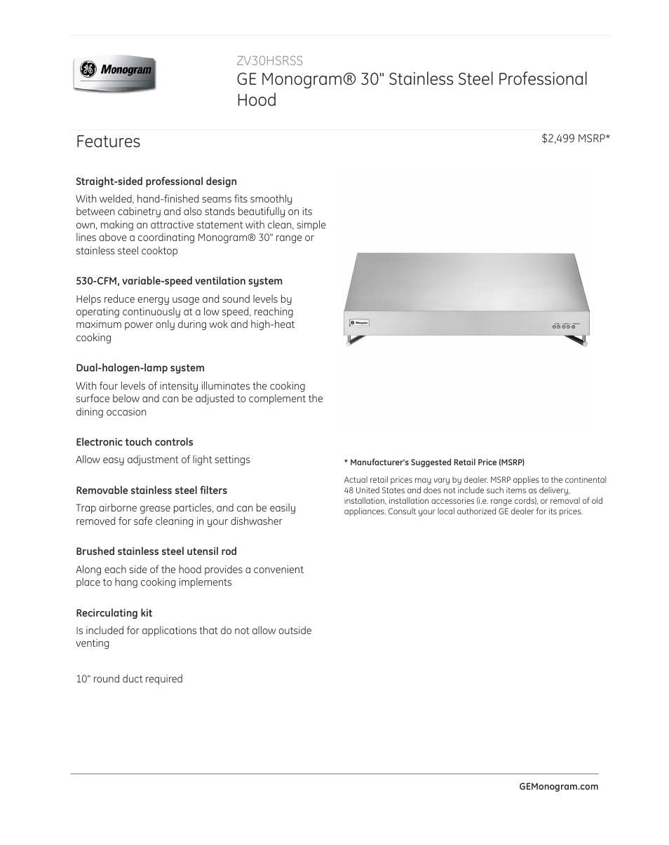 GE ZV30HSRSS User Manual | 2 pages