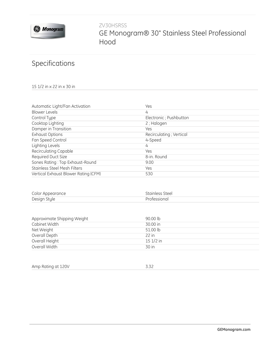 Ge monogram® 30" stainless steel professional hood, Specifications | GE ZV30HSRSS User Manual | Page 2 / 2