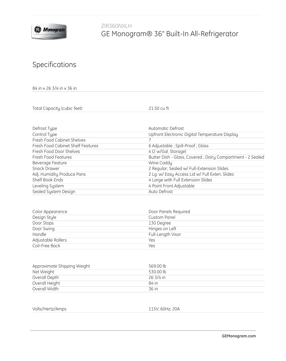 Ge monogram® 36" built-in all-refrigerator, Specifications, Zir360nxlh | GE ZIR360NXLH User Manual | Page 2 / 3