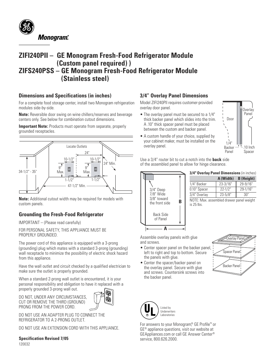 Dimensions and specifications (in inches), Grounding the fresh-food refrigerator, 3/4” overlay panel dimensions | GE ZIFS240PLSS User Manual | Page 2 / 3