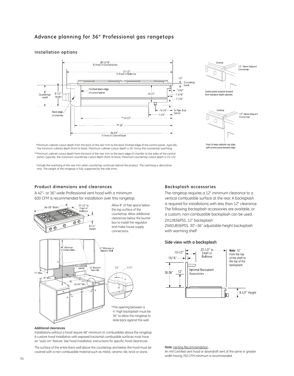 Product dimensions and clearances, Installation options, Side view with a backsplash backsplash accessories | GE ZGU364NDPSS User Manual | Page 2 / 2