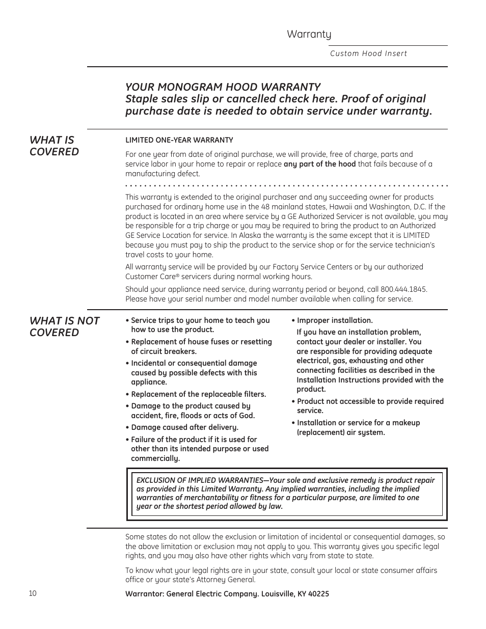 What is not covered, Warranty | GE ZVC36LSS User Manual | Page 10 / 32