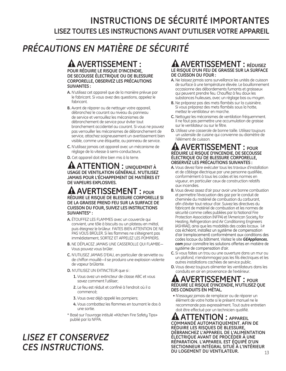 Précautions en matière de sécurité, Avertissement, Attention | GE ZVC36LSS User Manual | Page 13 / 32