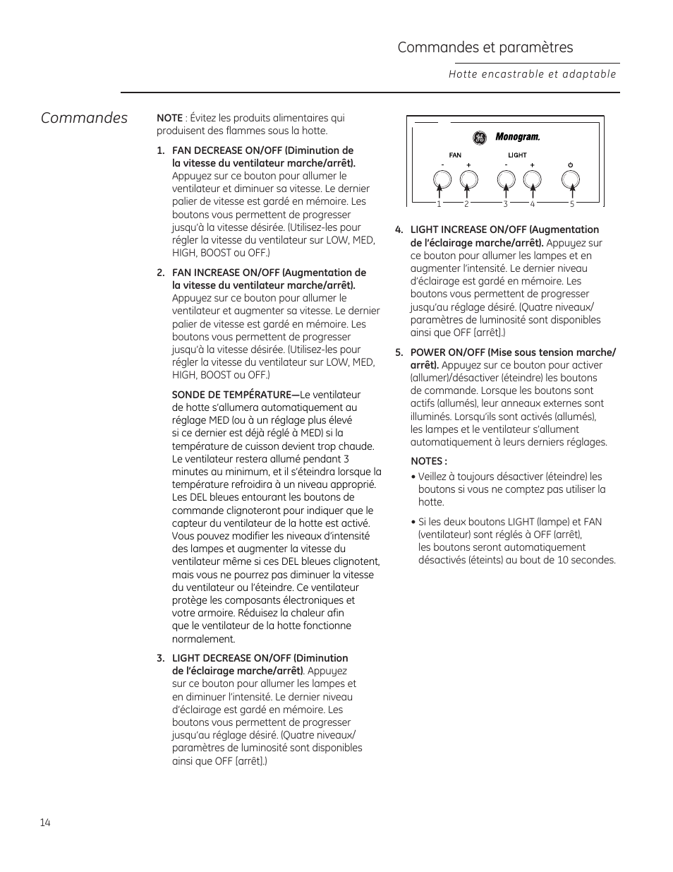 Commandes et paramètres, Commandes | GE ZVC36LSS User Manual | Page 14 / 32