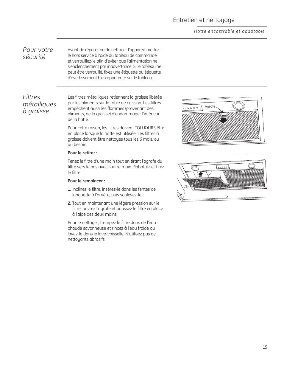 Entretien et nettoyage, Pour votre sécurité, Filtres métalliques à graisse | GE ZVC36LSS User Manual | Page 15 / 32