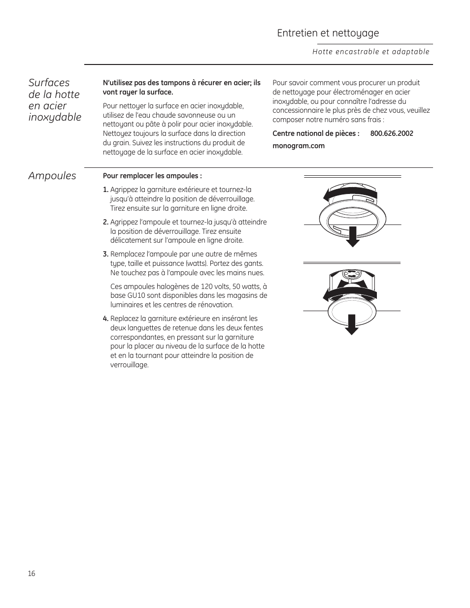 Ampoules, Surfaces de la hotte en acier inoxydable, Entretien et nettoyage | GE ZVC36LSS User Manual | Page 16 / 32