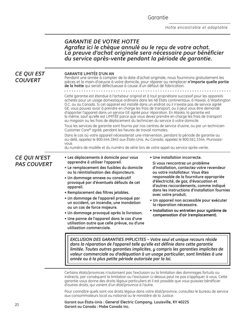 Garantie, Ce qui n’est pas couvert | GE ZVC36LSS User Manual | Page 20 / 32