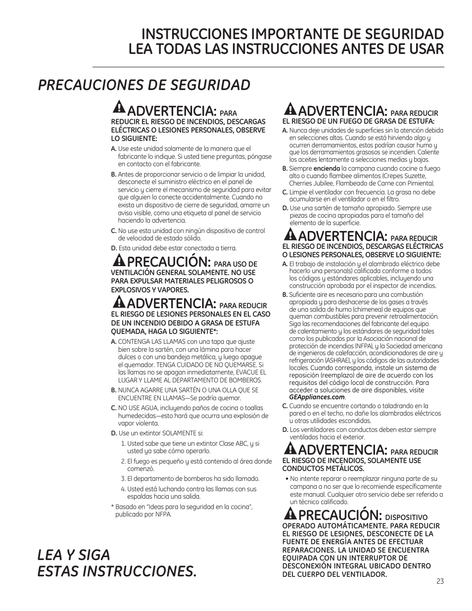 Advertencia, Precaución | GE ZVC36LSS User Manual | Page 23 / 32