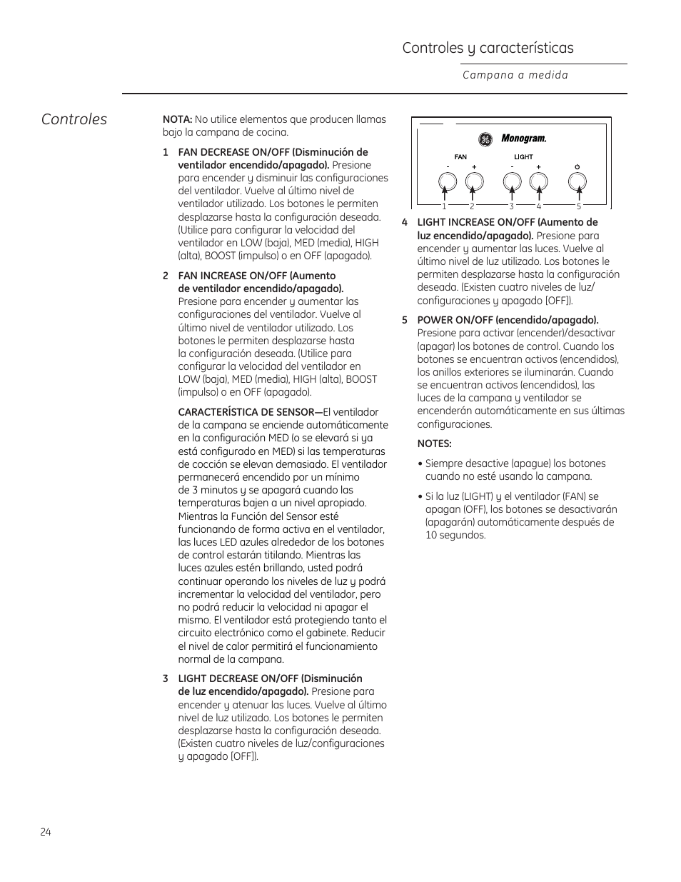 Controles y características, Controles | GE ZVC36LSS User Manual | Page 24 / 32