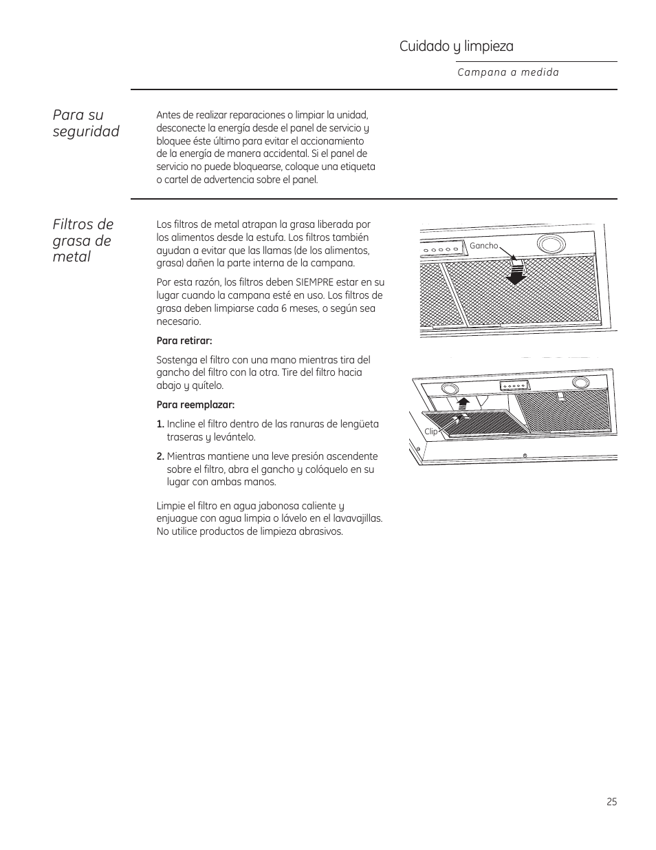 Cuidado y limpieza, Para su seguridad, Filtros de grasa de metal | GE ZVC36LSS User Manual | Page 25 / 32