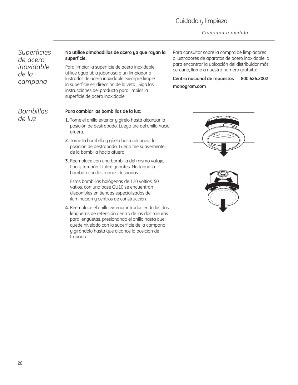 Bombillas de luz, Superficies de acero inoxidable de la campana, Cuidado y limpieza | GE ZVC36LSS User Manual | Page 26 / 32