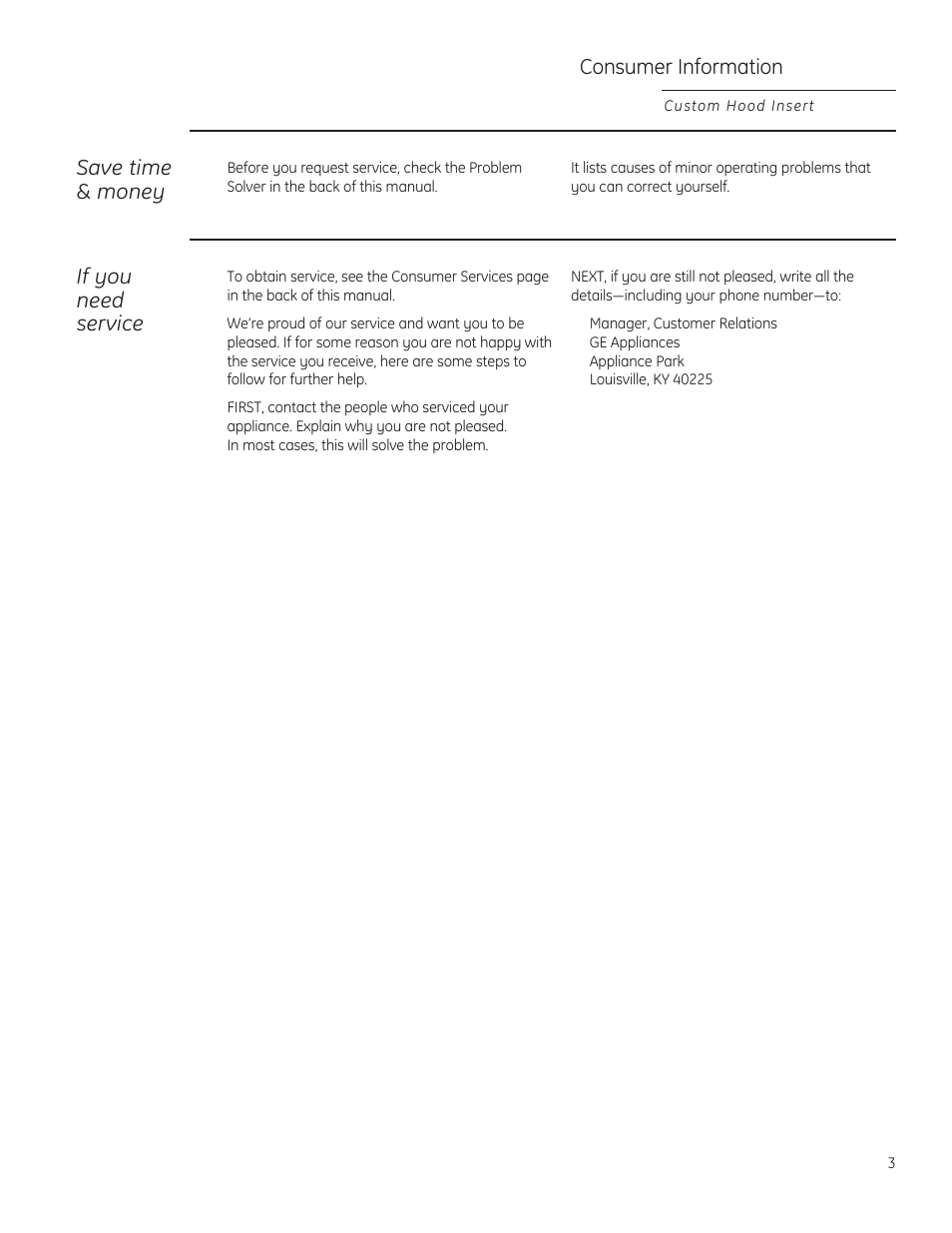 Save time & money, If you need service, Consumer information | GE ZVC36LSS User Manual | Page 3 / 32