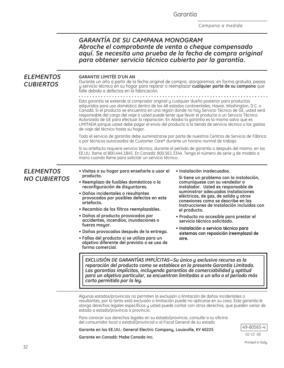 Garantía, Elementos no cubiertos | GE ZVC36LSS User Manual | Page 32 / 32