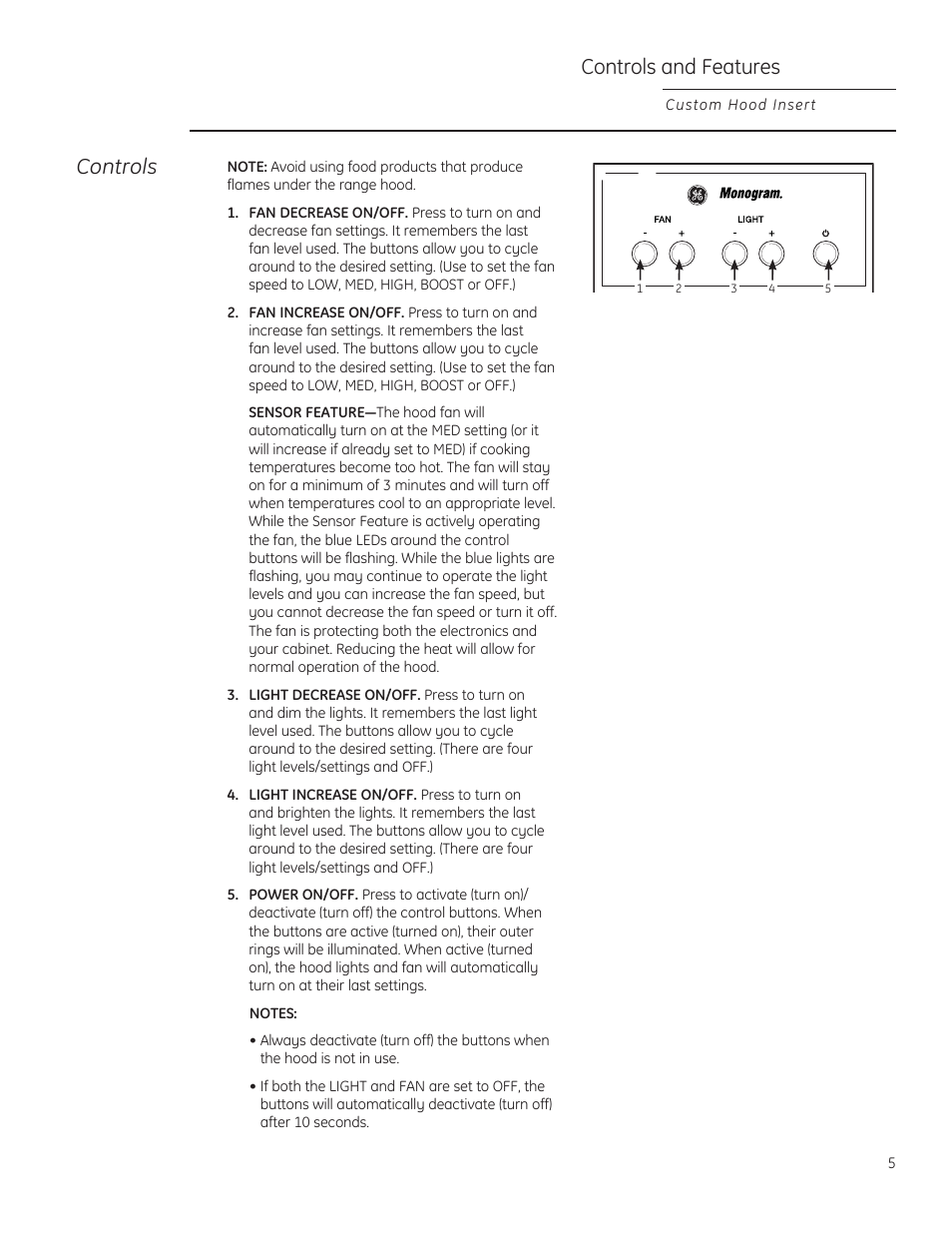 Controls and features, Controls | GE ZVC36LSS User Manual | Page 5 / 32