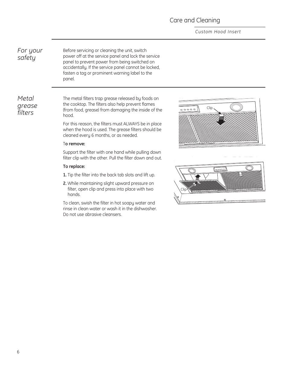 Care and cleaning, For your safety, Metal grease filters | GE ZVC36LSS User Manual | Page 6 / 32