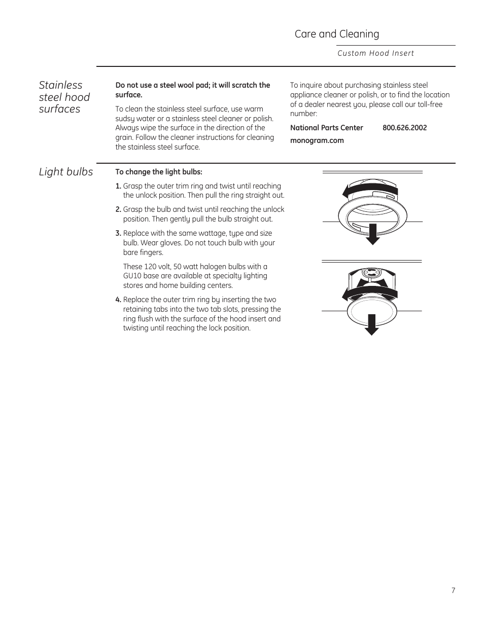Light bulbs, Stainless steel hood surfaces, Care and cleaning | GE ZVC36LSS User Manual | Page 7 / 32