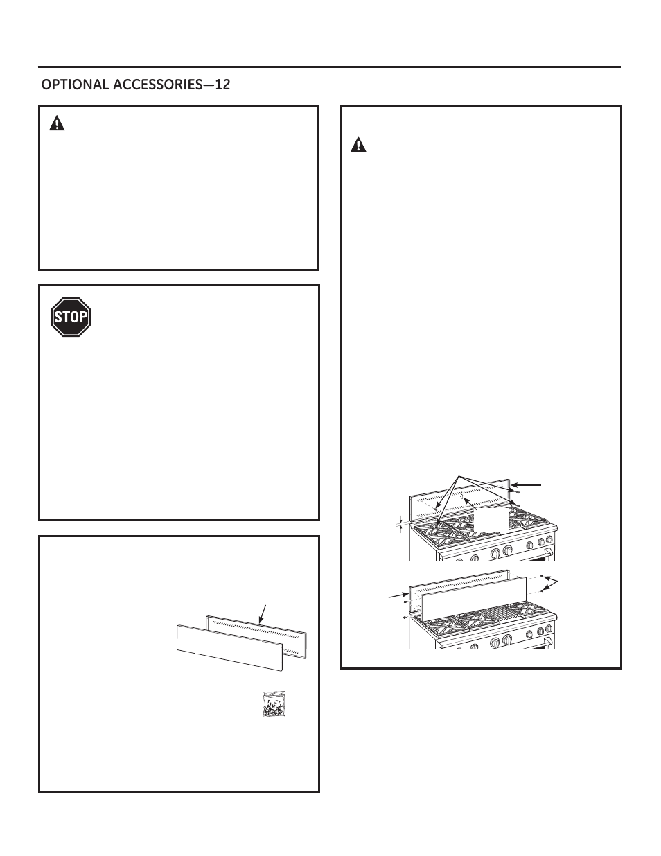 Warning, Before you begin, Install 12” backsplash | GE ZGU484NGPSS User Manual | Page 12 / 52