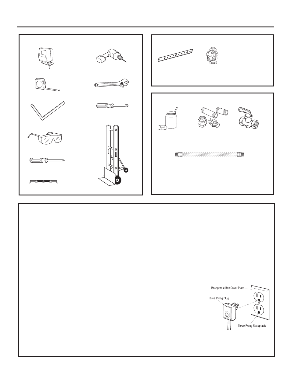 Installation preparation, Power supply locations, Materials provided | Tools required, Materials required (not provided) | GE ZGU484NGPSS User Manual | Page 7 / 52