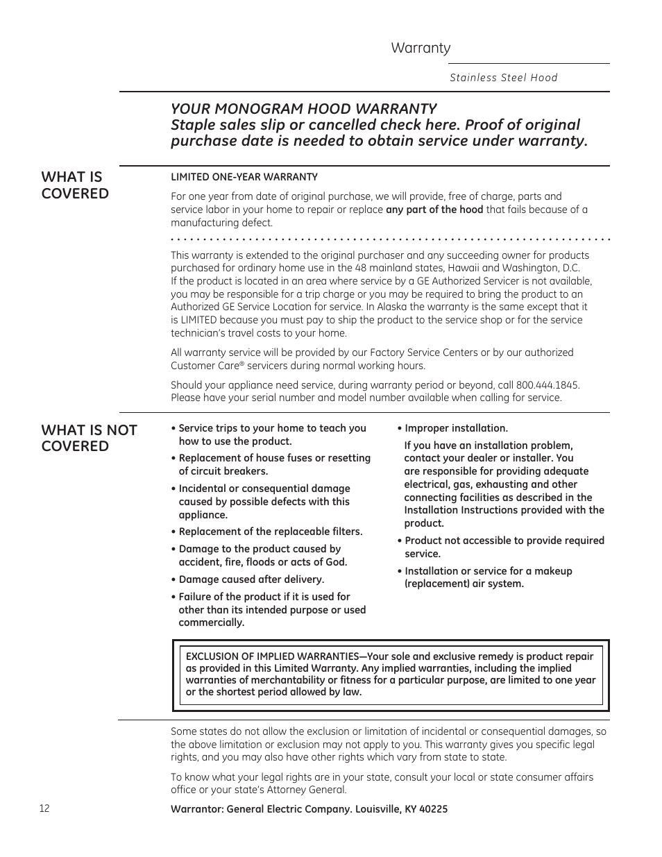 Warranty, What is not covered | GE ZV850SPSS User Manual | Page 12 / 32