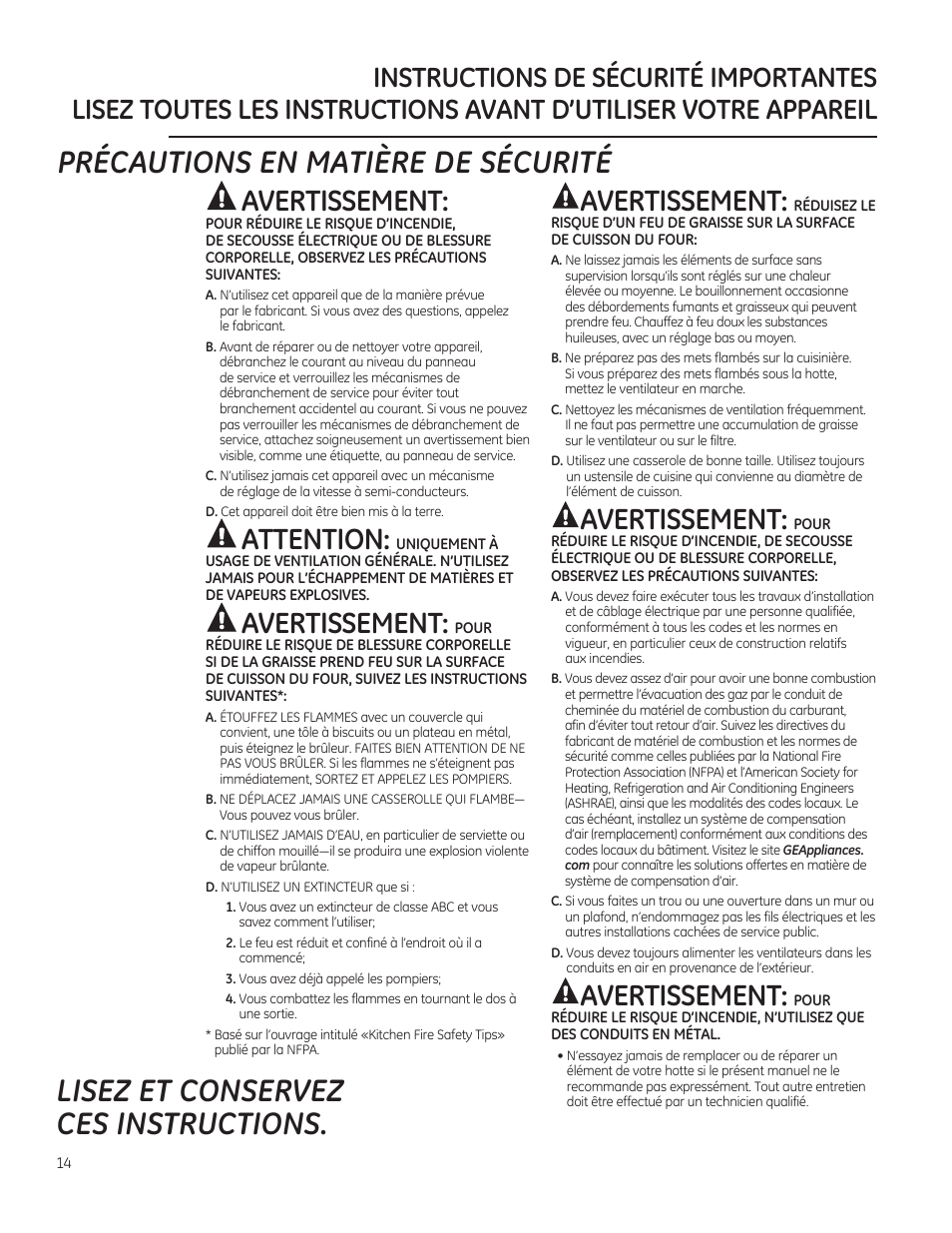 Lisez et conservez ces instructions, Précautions en matière de sécurité, Avertissement | Attention | GE ZV850SPSS User Manual | Page 14 / 32