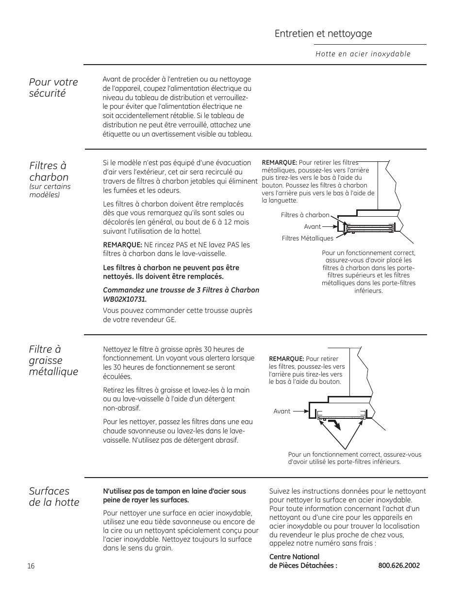 Entretien et nettoyage, Filtre à graisse métallique, Surfaces de la hotte | Filtres à charbon, Pour votre sécurité | GE ZV850SPSS User Manual | Page 16 / 32