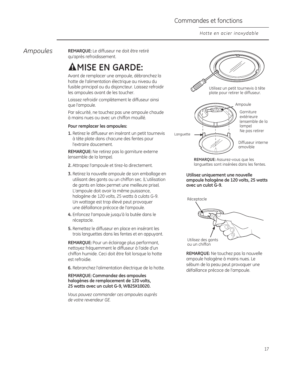 Mise en garde, Ampoules, Commandes et fonctions | GE ZV850SPSS User Manual | Page 17 / 32
