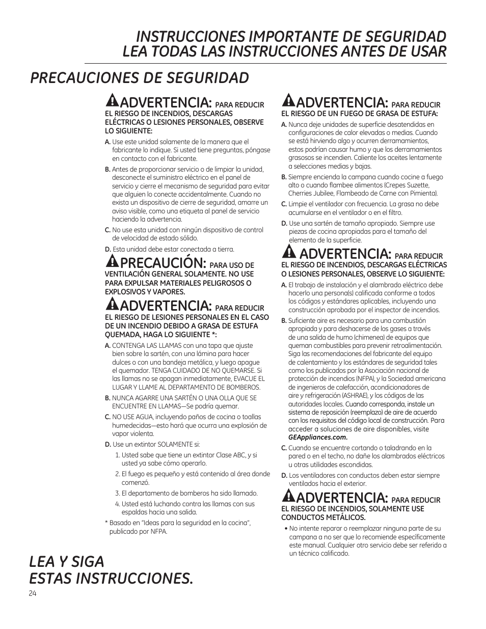 Lea y siga estas instrucciones, Advertencia, Precaución | GE ZV850SPSS User Manual | Page 24 / 32