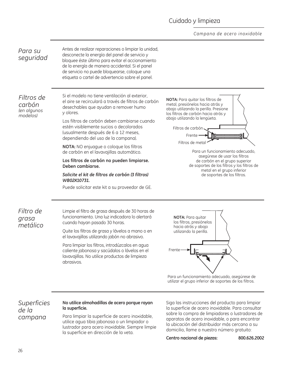 Cuidado y limpieza, Filtro de grasa metálico, Superficies de la campana | Filtros de carbón, Para su seguridad | GE ZV850SPSS User Manual | Page 26 / 32