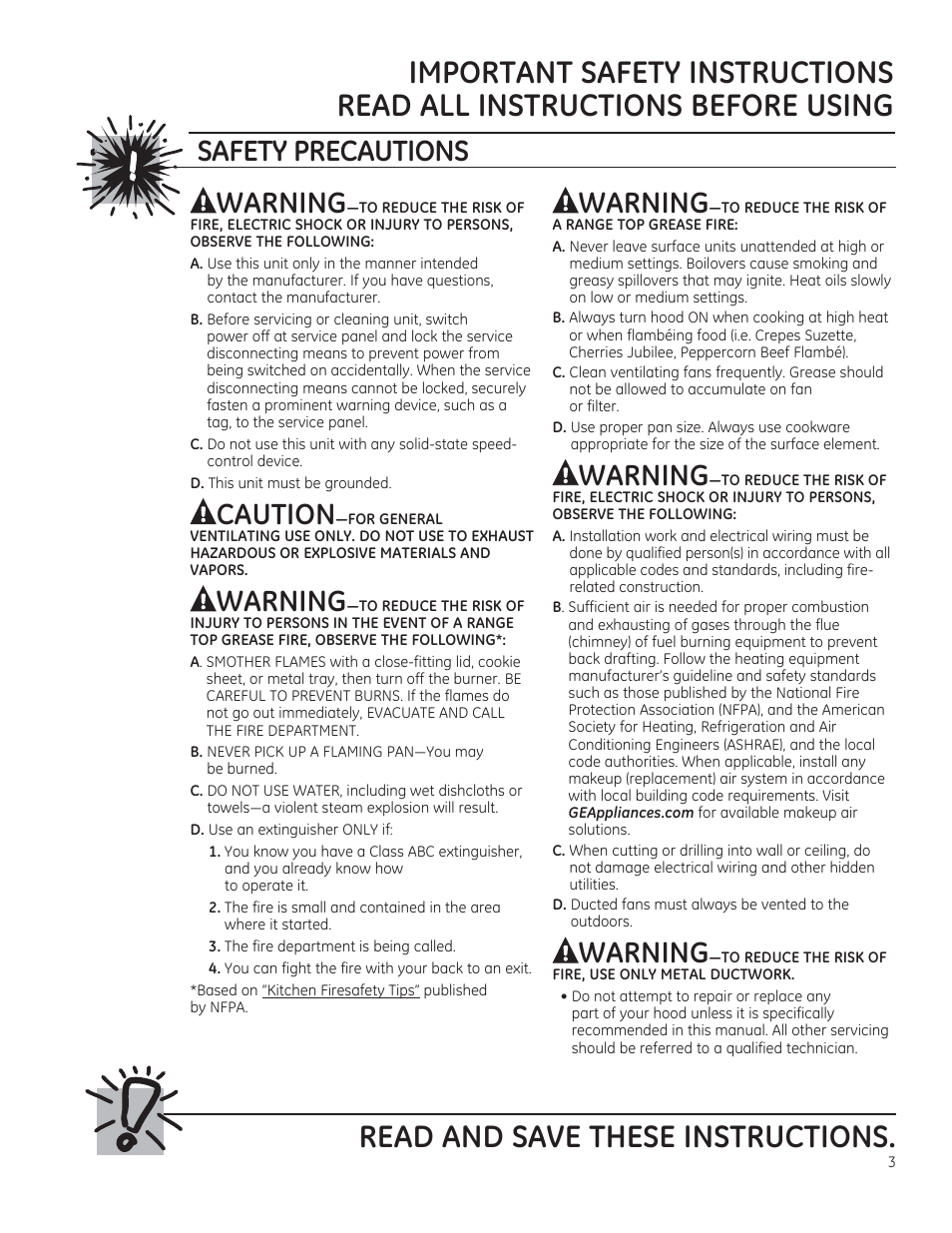 Read and save these instructions, Warning, Caution | Safety precautions | GE ZV850SPSS User Manual | Page 3 / 32