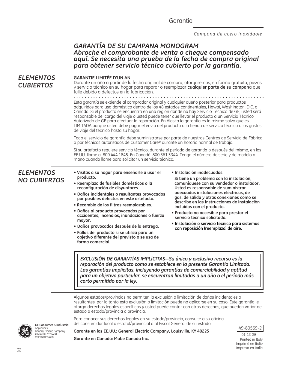 Garantía, Elementos no cubiertos | GE ZV850SPSS User Manual | Page 32 / 32