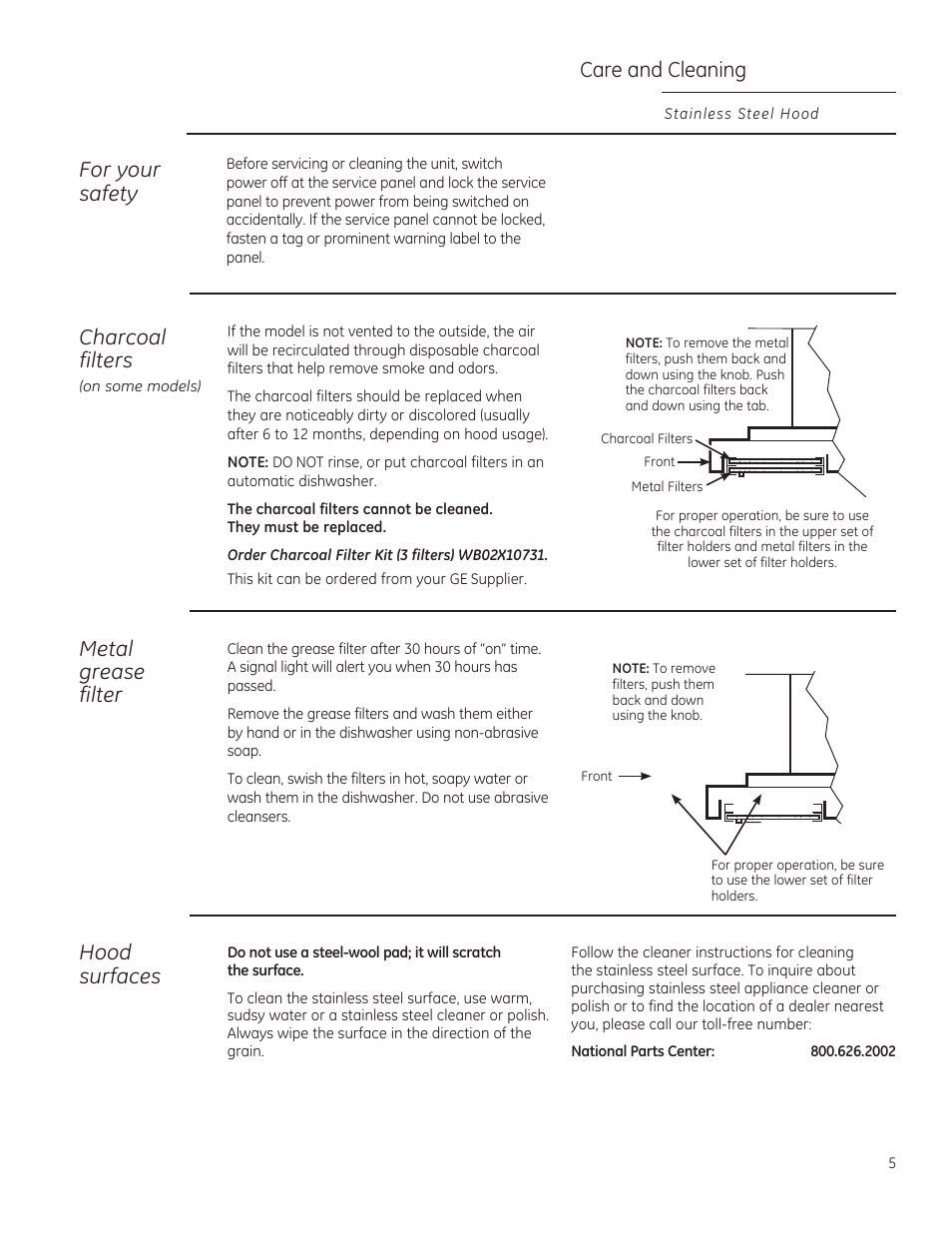 Care and cleaning, Metal grease filter, Hood surfaces | Charcoal filters, For your safety | GE ZV850SPSS User Manual | Page 5 / 32