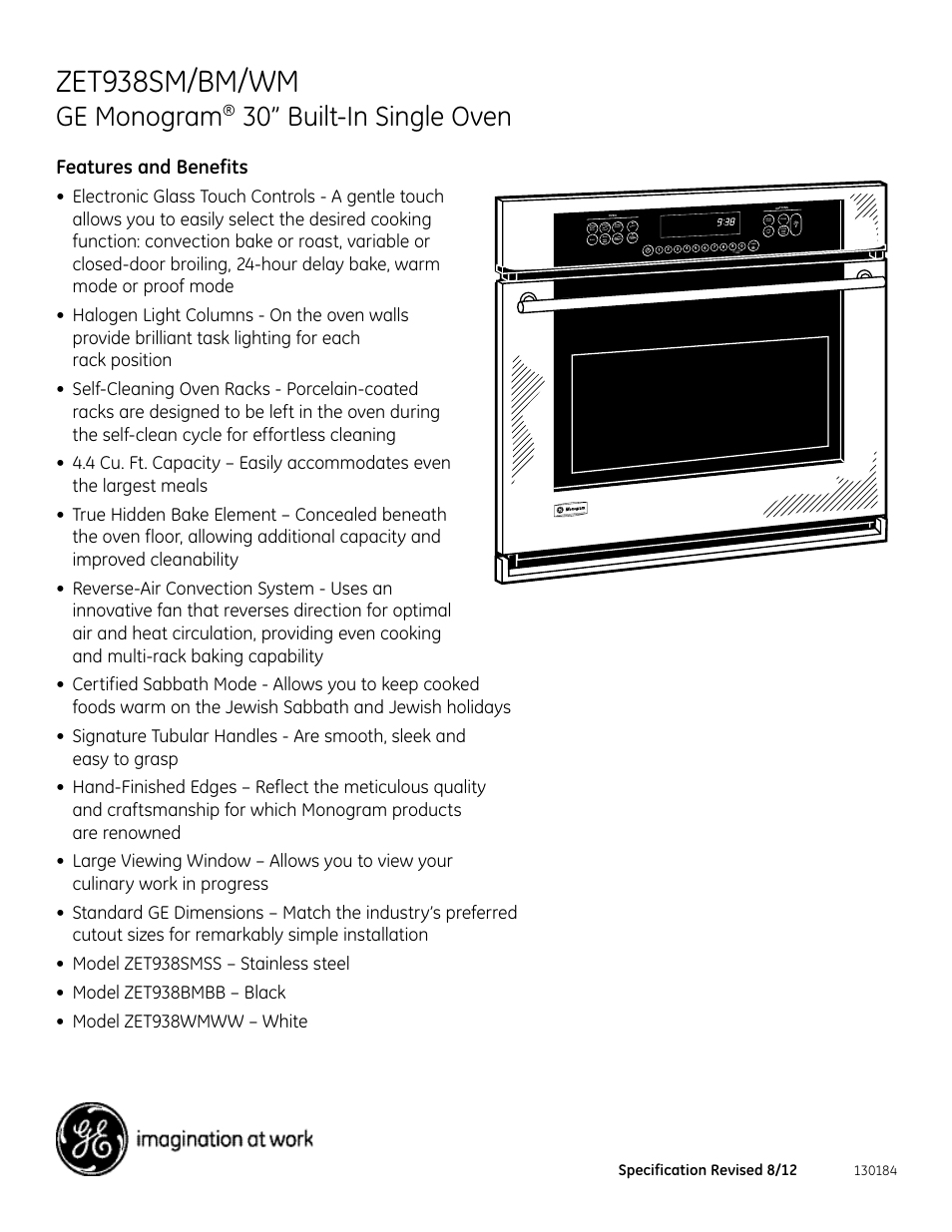 Zet938sm/bm/wm, Ge monogram, 30” built-in single oven | Features and benefits | GE ZET938SMSS User Manual | Page 2 / 2